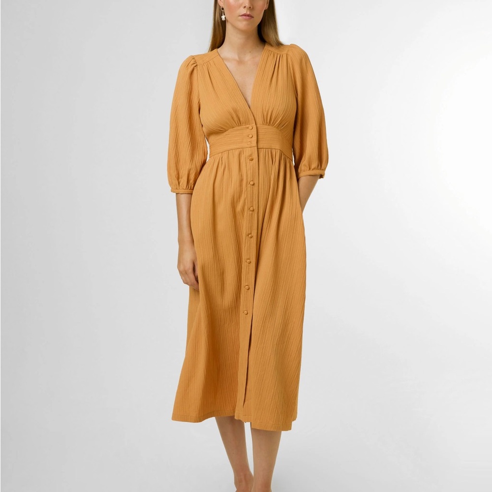 FRNCH Yellow Midi Dress 3/4 Sleeve Retro VNeck Textured 70’s Boho